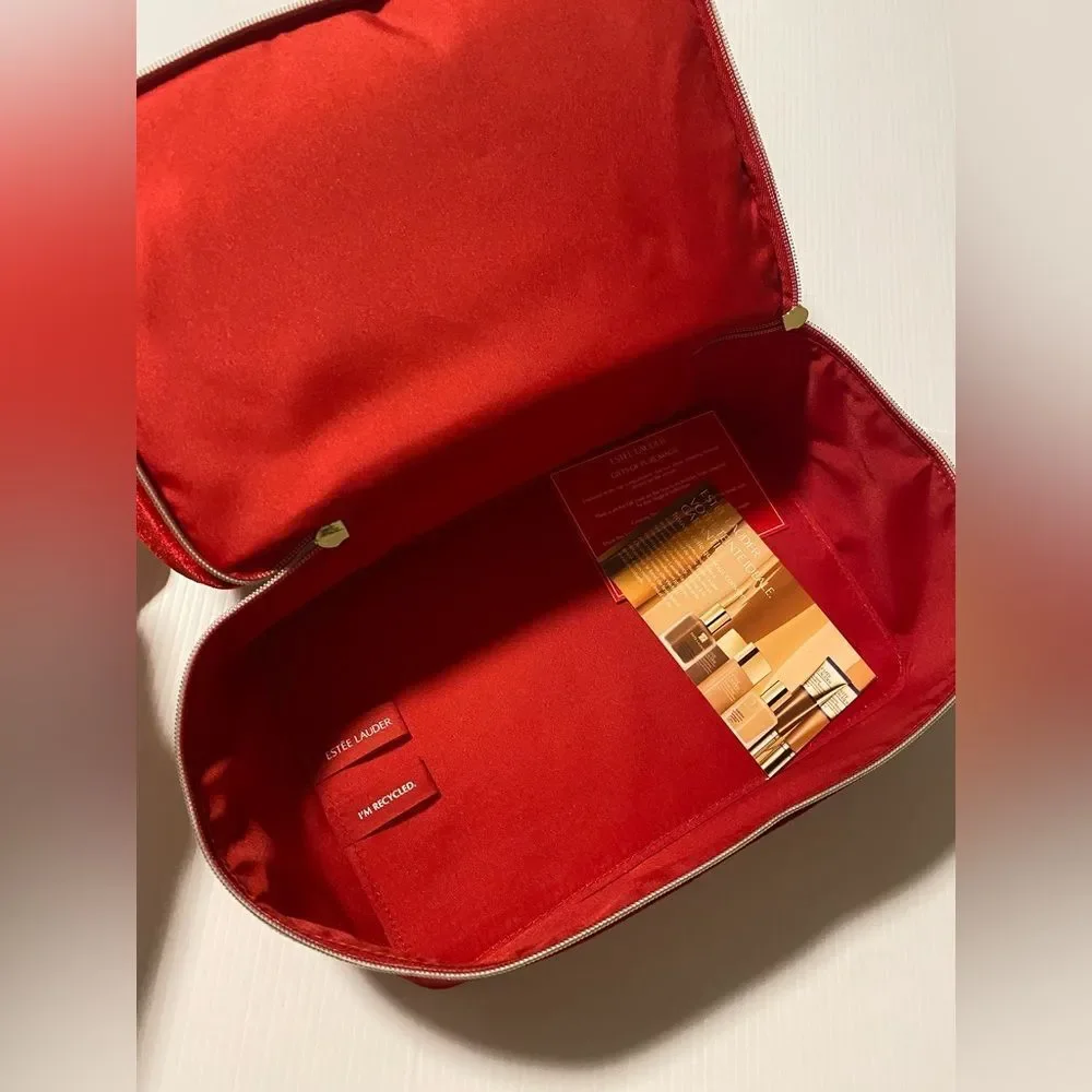 Estee Lauder Luxurious Red velvet velour bow Cosmetic makeup Case travel bag NEW